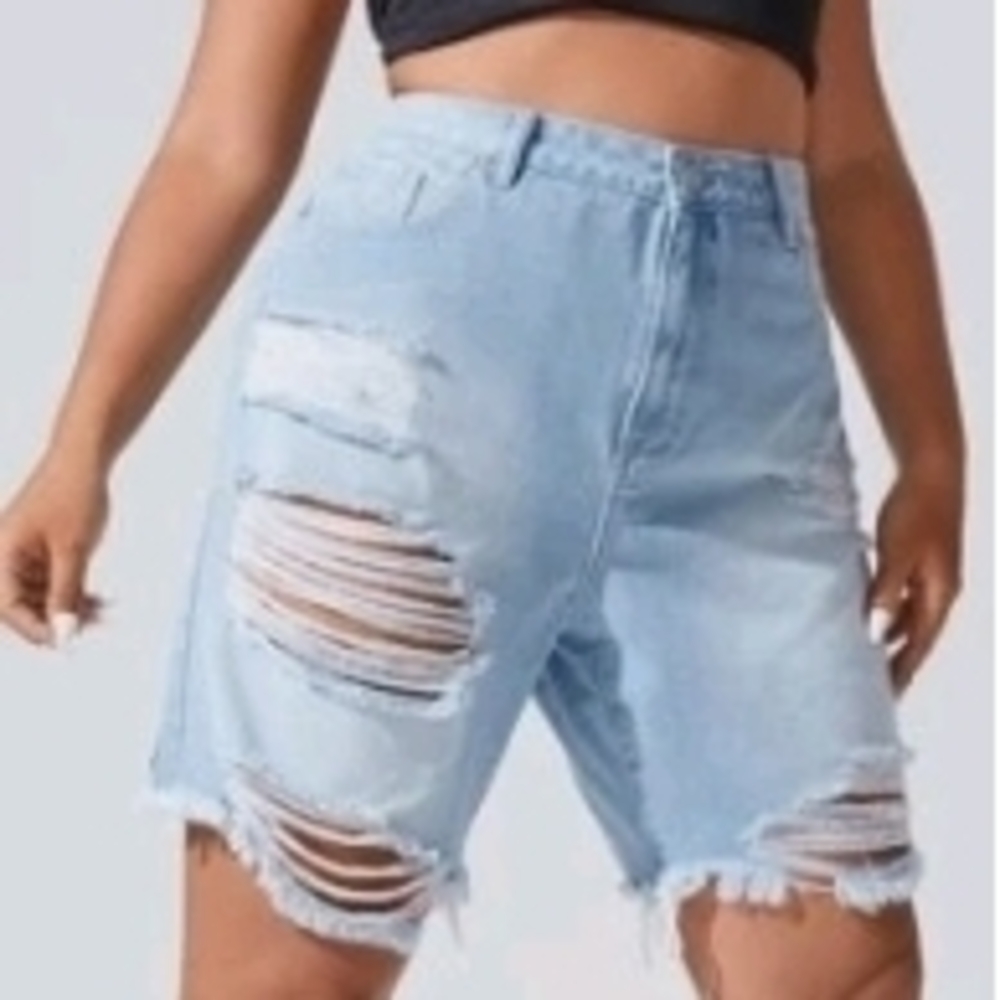 Distressed Light Wash Blue Denim Shorts